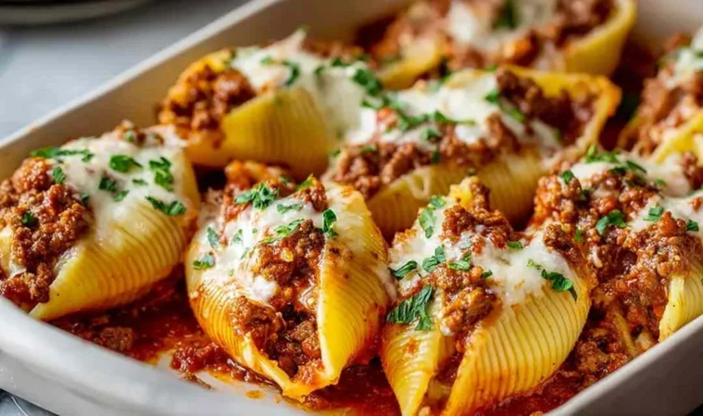 Beef Stuffed Shells baking dish with melted mozzarella cheese and marinara sauce close up