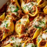 Beef Stuffed Shells baking dish with melted mozzarella cheese and marinara sauce close up