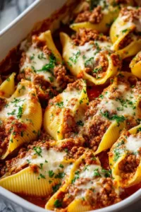 Beef Stuffed Shells baking dish with melted mozzarella cheese and marinara sauce close up