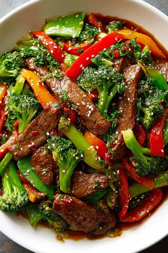 Beef stir fry with fresh vegetables served over steamed jasmine rice in a white bowl