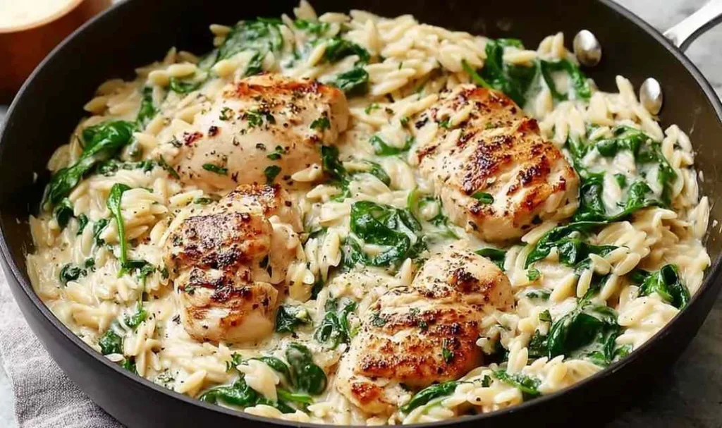 Creamy Boursin orzo chicken with spinach served in a skillet