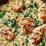 Creamy Boursin orzo chicken with spinach served in a skillet