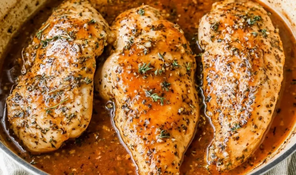Brown Sugar Garlic Chicken baked in a dish with a sweet glossy glaze.