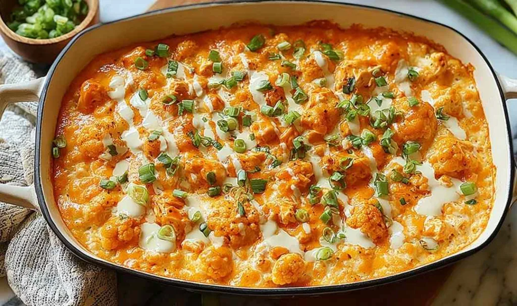 Buffalo Chicken Cauliflower Casserole in a white baking dish with fork