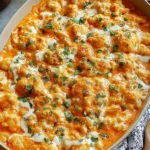 Buffalo Chicken Cauliflower Casserole in a white baking dish with fork