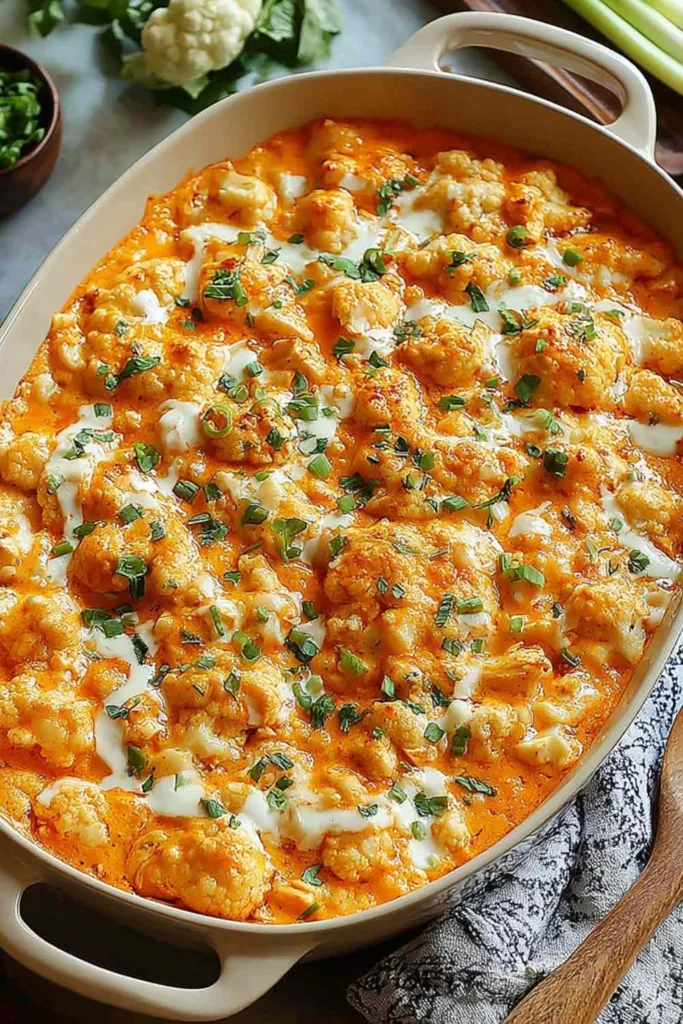 Buffalo Chicken Cauliflower Casserole in a white baking dish with fork
