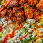 Buffalo chicken protein bowl with rice, tomatoes, and ranch dressing