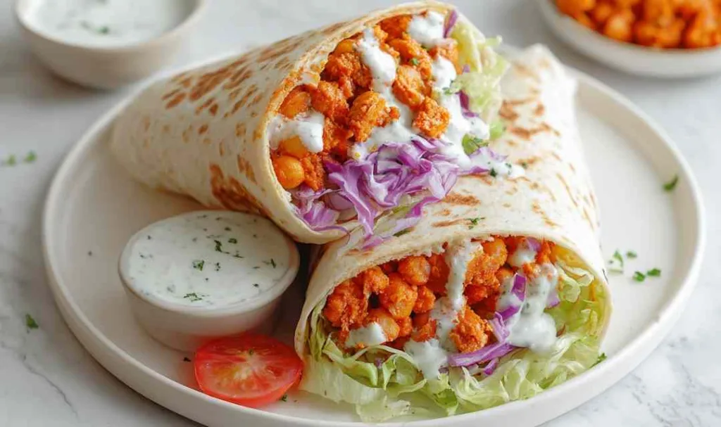 Buffalo Chickpea Wrap sliced in half showing spicy filling.