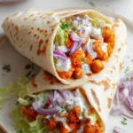 Buffalo Chickpea Wrap sliced in half showing spicy filling.
