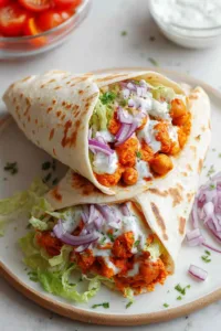 Buffalo Chickpea Wrap sliced in half showing spicy filling.
