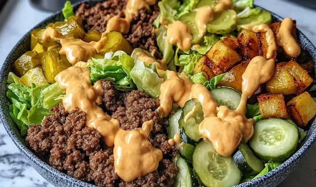 healthy burger bowls with crispy potatoes and homemade burger sauce