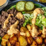 healthy burger bowls with crispy potatoes and homemade burger sauce