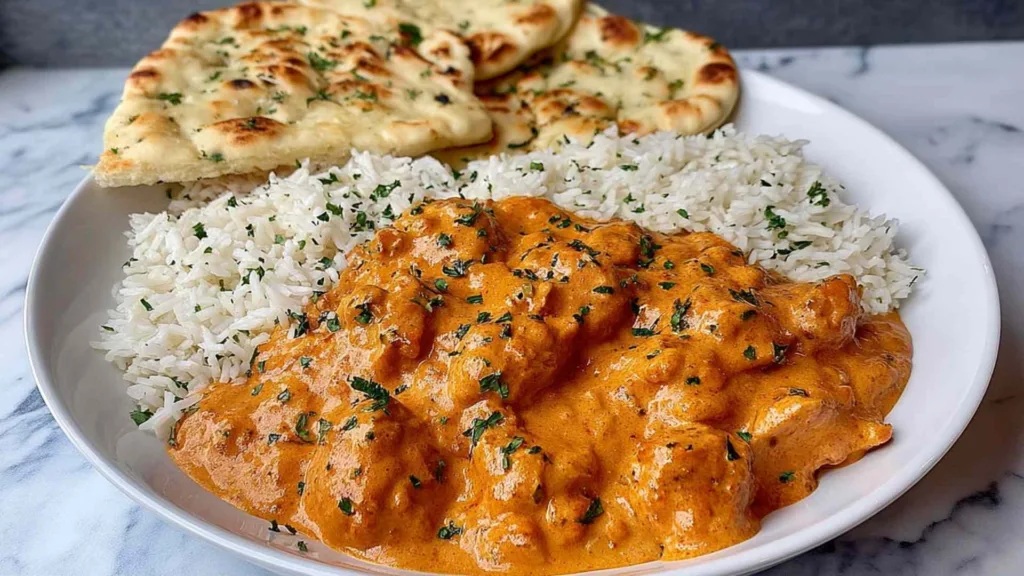 Creamy Butter Chicken Recipe served in a white bowl with basmati rice and naan bread.