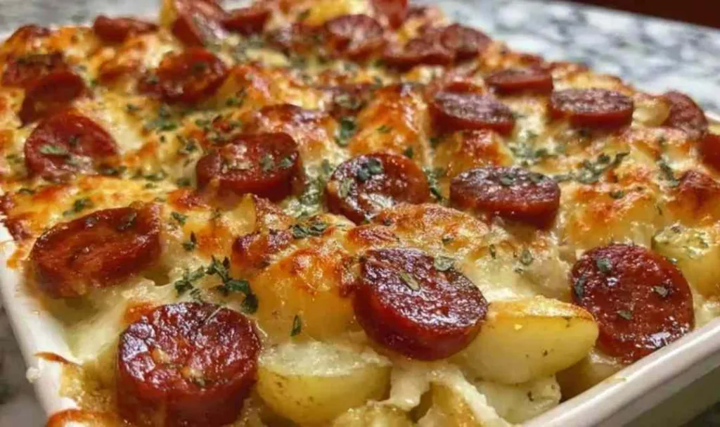 Cheesy Ranch Potatoes and Smoked Sausage on a baking sheet