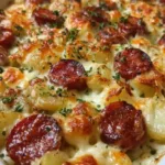 Cheesy Ranch Potatoes and Smoked Sausage on a baking sheet