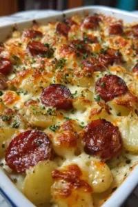 Cheesy Ranch Potatoes and Smoked Sausage on a baking sheet