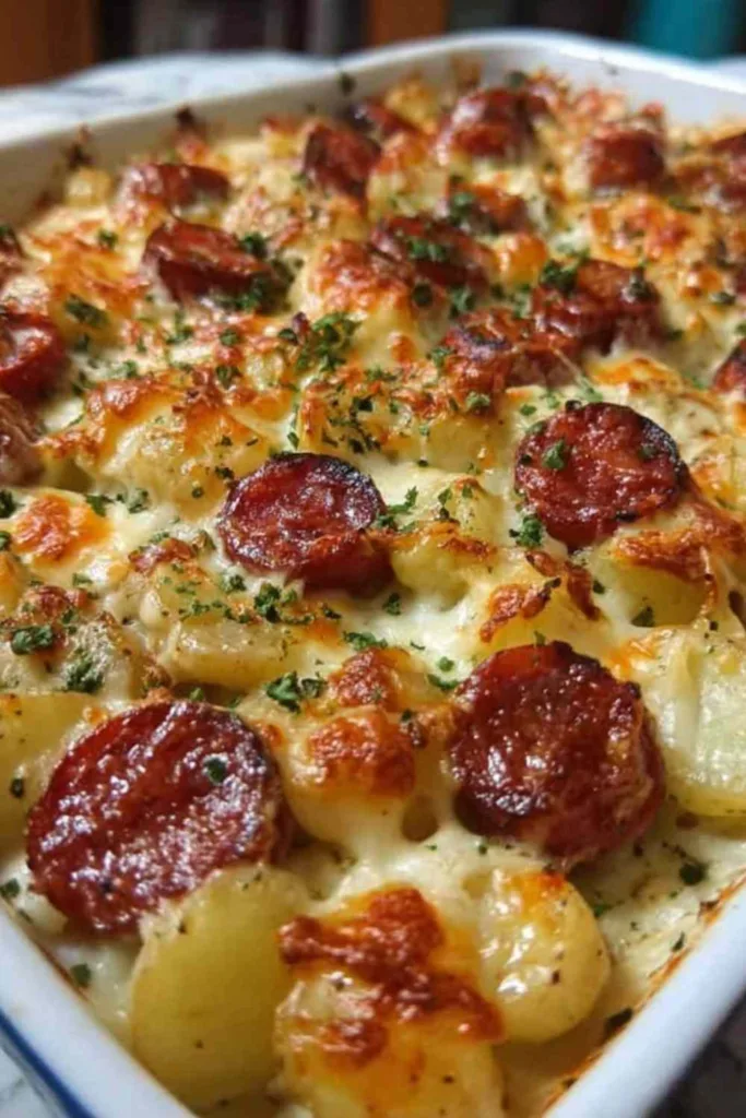 Cheesy Ranch Potatoes and Smoked Sausage on a baking sheet