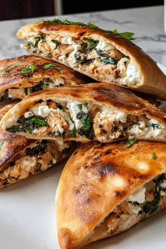 Crispy Pita with Chicken and Feta served on a white plate with fresh mint garnish.