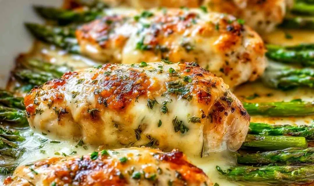 Caesar chicken with asparagus baked golden in a cast iron skillet