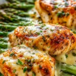 Caesar chicken with asparagus baked golden in a cast iron skillet