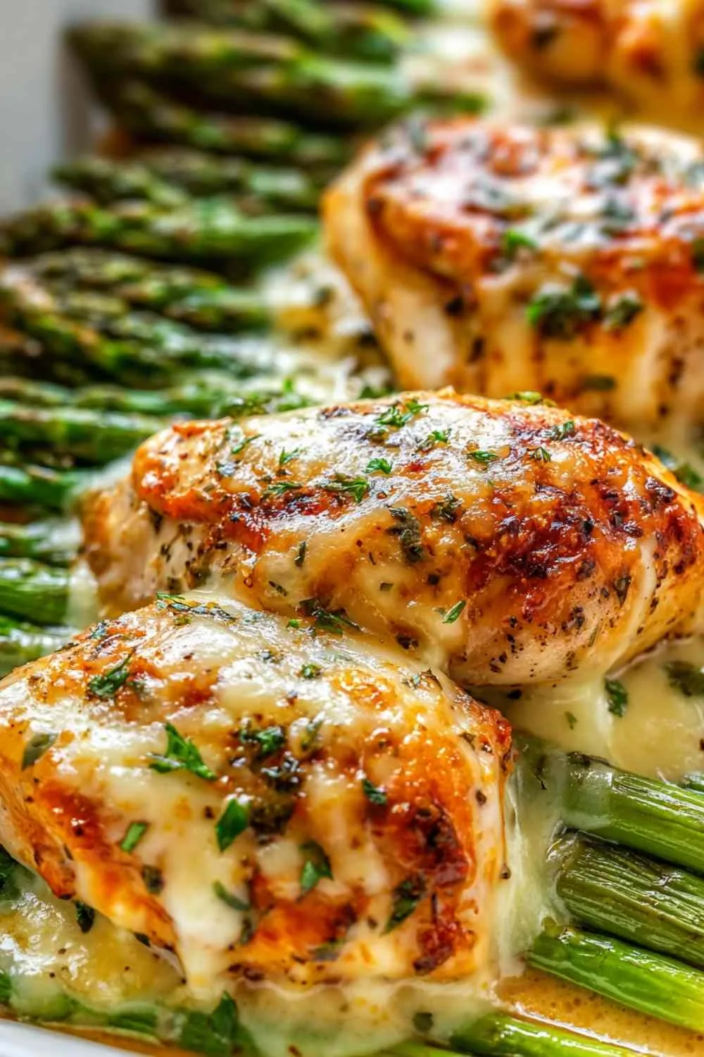 Caesar chicken with asparagus baked golden in a cast iron skillet