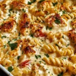 Cajun cream cheese chicken pasta bake recipe in a golden bubbly