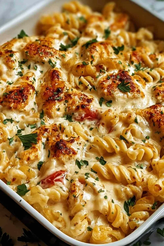 Cajun cream cheese chicken pasta bake recipe in a golden bubbly