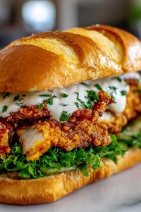 Cajun Crispy Chicken Sandwich with garlic aioli on a brioche bun.