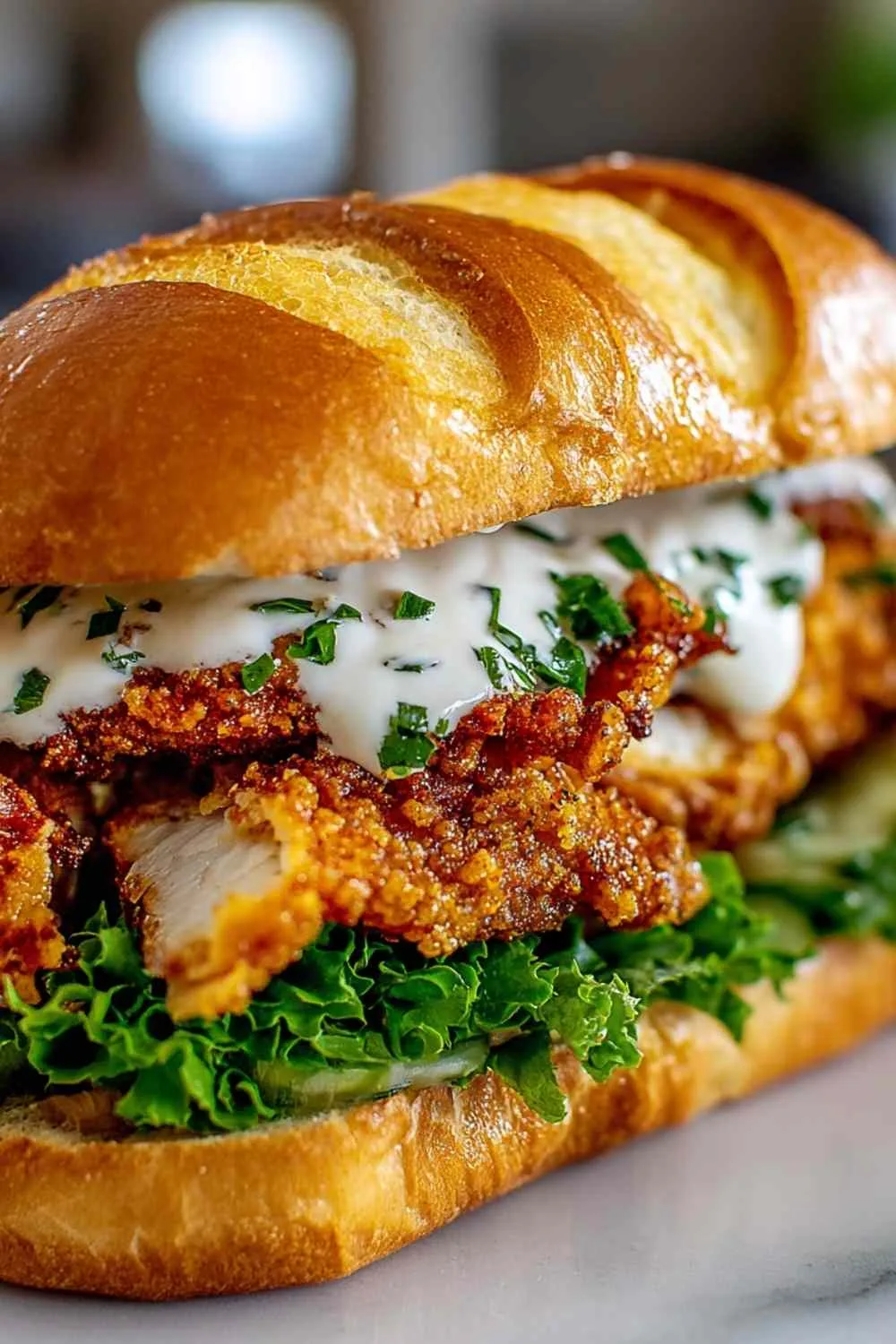 Cajun Crispy Chicken Sandwich with garlic aioli on a brioche bun.