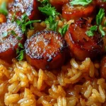Cajun honey garlic sausage rice in a skillet garnished with parsley and green onions