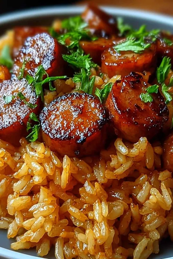 Cajun honey garlic sausage rice in a skillet garnished with parsley and green onions
