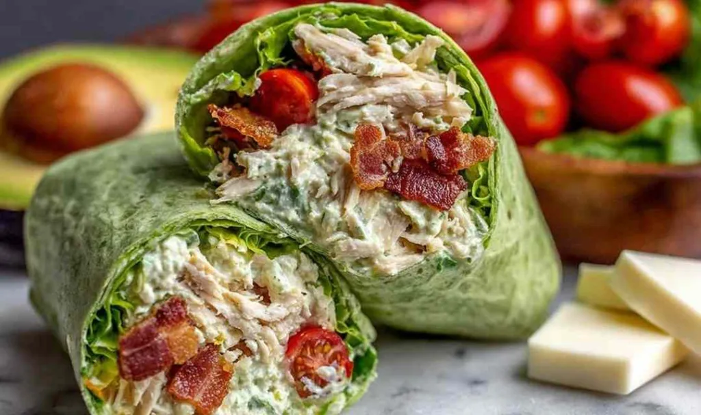 California Club Wraps with crispy bacon, avocado and shredded chicken on a spinach tortilla