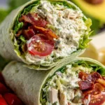 California Club Wraps with crispy bacon, avocado and shredded chicken on a spinach tortilla