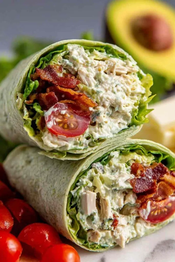 California Club Wraps with crispy bacon, avocado and shredded chicken on a spinach tortilla