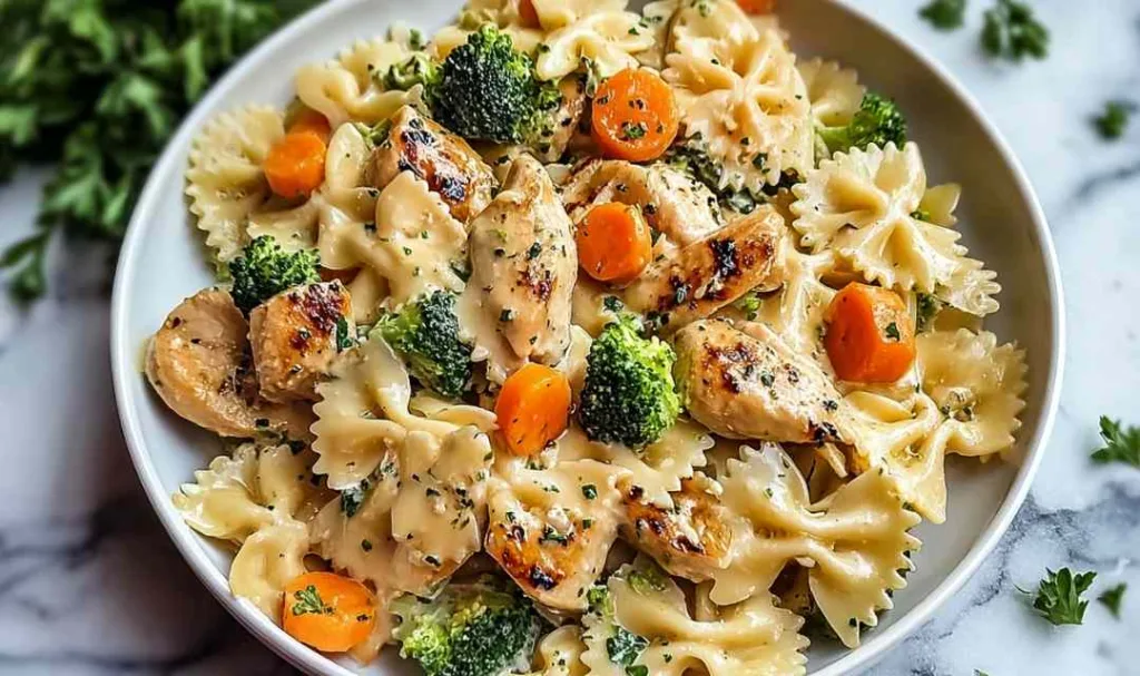 A creamy bowl of Cheddar Havarti Chicken Pasta with roasted broccoli and carrots.