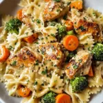 A creamy bowl of Cheddar Havarti Chicken Pasta with roasted broccoli and carrots.