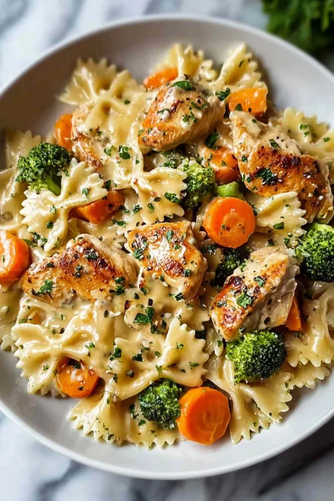 A creamy bowl of Cheddar Havarti Chicken Pasta with roasted broccoli and carrots.