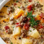A bowl of creamy Cheeseburger Soup with ground beef, potatoes, and melted cheese.