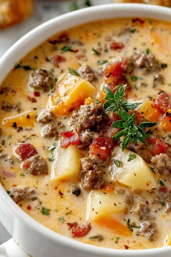 A bowl of creamy Cheeseburger Soup with ground beef, potatoes, and melted cheese.
