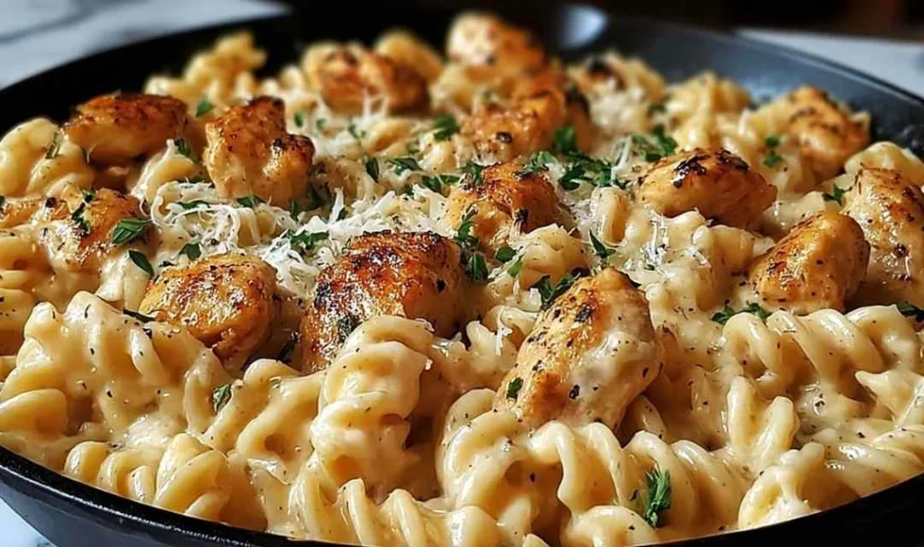 Cheesy Cajun Garlic Chicken Rotini Skillet in a cast iron pan.