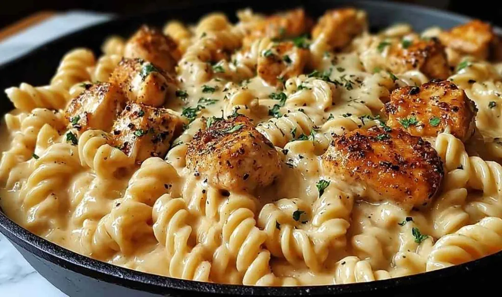 Cheesy Cajun Garlic Chicken Rotini Skillet in a cast iron pan topped with fresh parsley