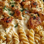 Cheesy Cajun Garlic Chicken Rotini Skillet in a cast iron pan.