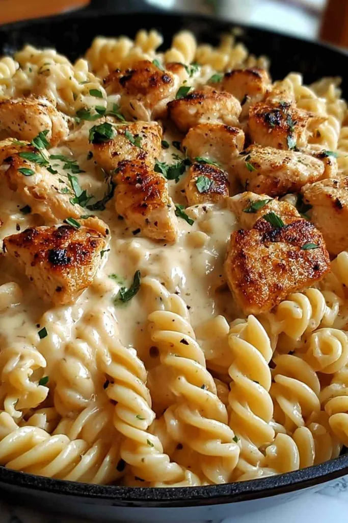Cheesy Cajun Garlic Chicken Rotini Skillet in a cast iron pan.