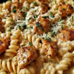 Cheesy Cajun Garlic Chicken Rotini Skillet in a cast iron pan topped with fresh parsley