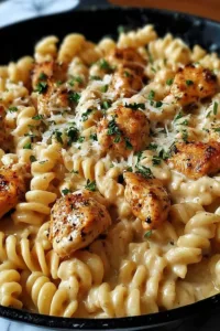 Cheesy Cajun Garlic Chicken Rotini Skillet in a cast iron pan topped with fresh parsley