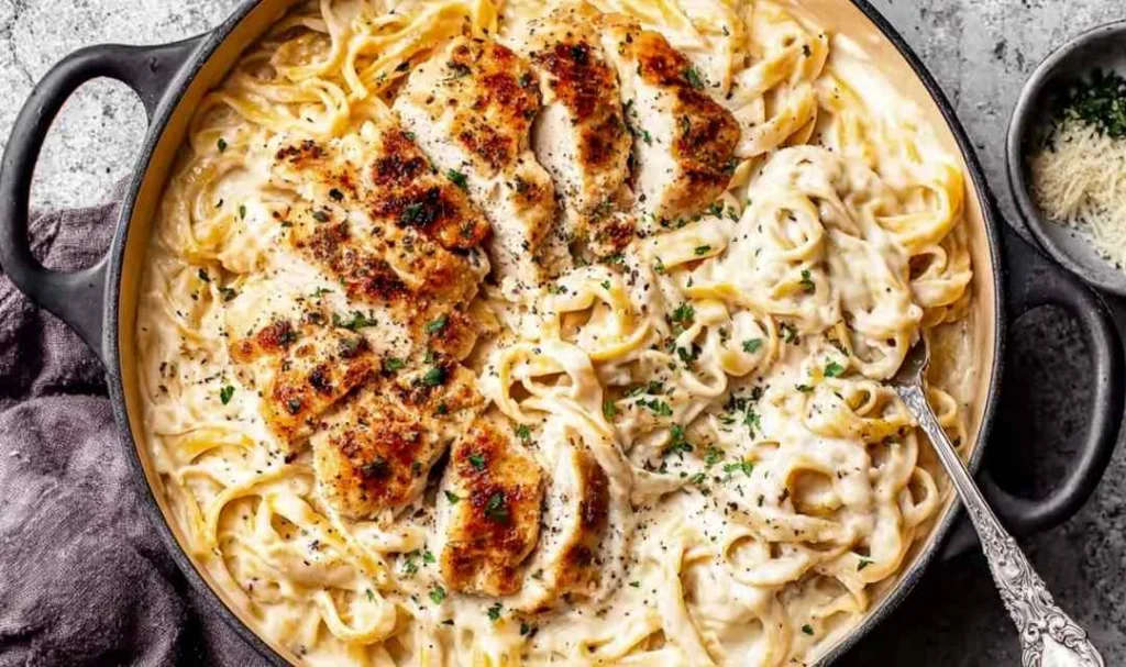 Creamy chicken Alfredo with fettuccine and fresh parsley on a white plate