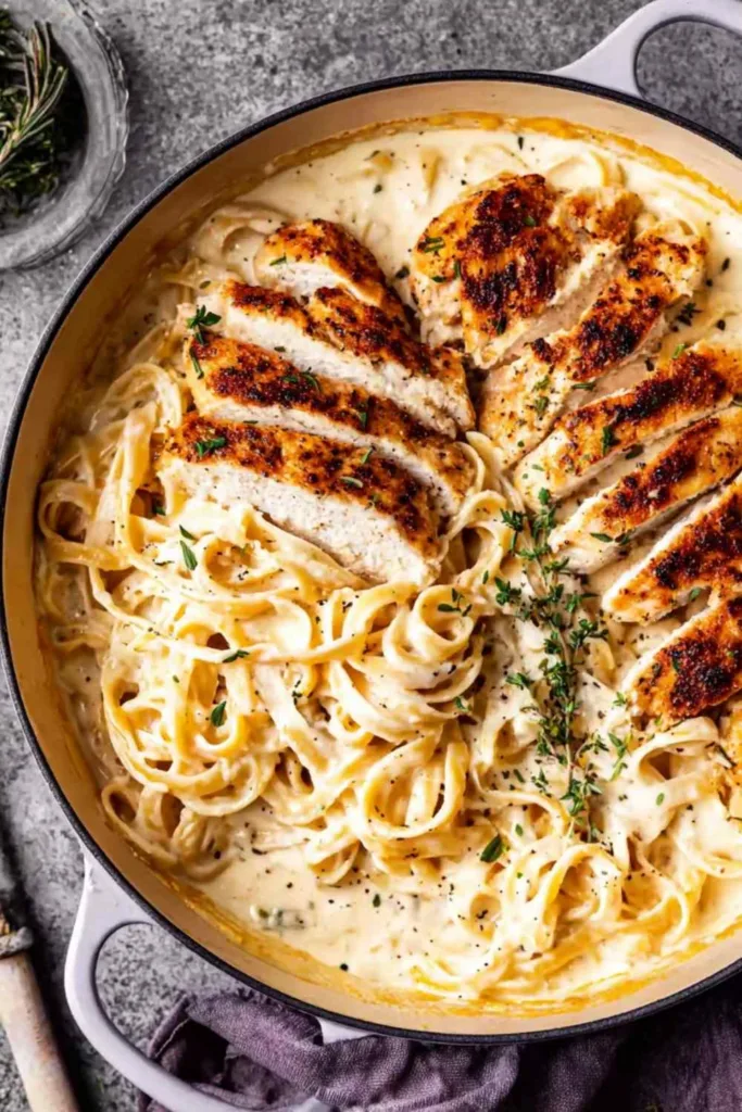Creamy chicken Alfredo with fettuccine and fresh parsley on a white plate