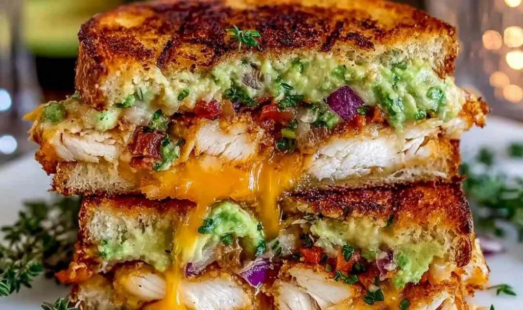 Chicken Avocado Melt Sandwich with melted cheese and fresh avocado slices on sourdough bread.