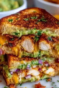 Chicken Avocado Melt Sandwich with melted cheese and fresh avocado slices on sourdough bread.