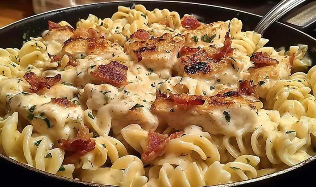 Creamy Chicken Bacon Ranch Pasta in a white bowl.